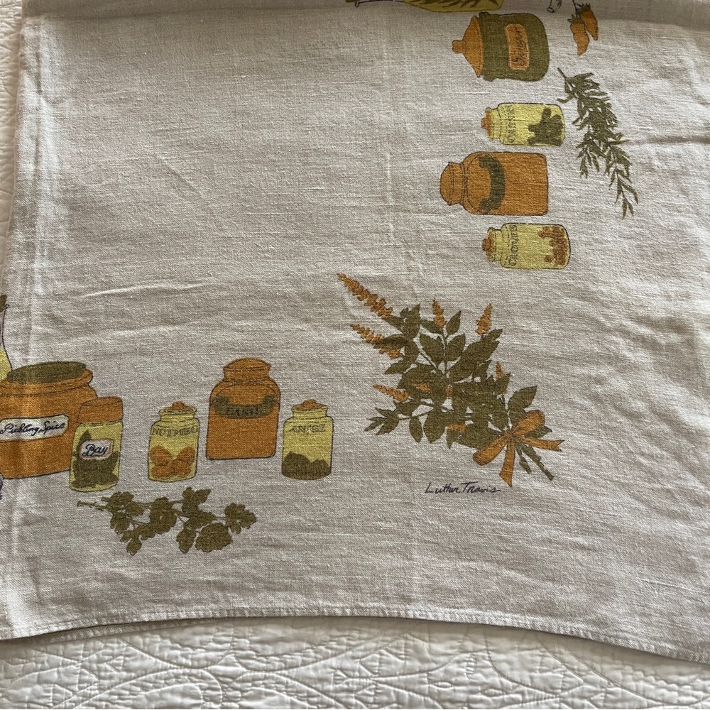 Vintage Luther Travis Linen Tablecloth Square 46" x 50" Fall Spice Colors